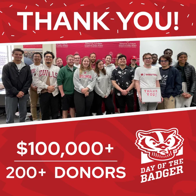  Students stand for a group photo and text that says "Thank you! Over 100,000 dollars, 200 plus donors, day of the badger"