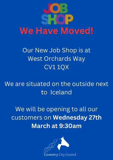 Our new home is now outside West Orchards Shopping Centre, next to Iceland 

Come and see us 😃 

We also have a brand new signing in system..have you been sent your own QR Code? Don't worry if you haven't, next time you come into the Job Shop, ask a member of staff and we can help. 

