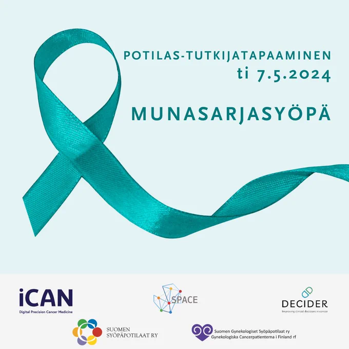 Tietoisuusnauha, teksti: potilas-tutkijatapaaminen ti 7.5.2024 Munasarjasyöpä. Järjestäjien logot: iCAN, SPACE, DECIDER, Suomen Syöpäpotilaat ry, Suomen Gynekologiset Syöpäpotilaat ry