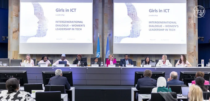 photo of the panel session at HQ for our Girls in ICT Day intergenerational dialogue on women's leadership in tech with ITU Secretary-General opening and moderating