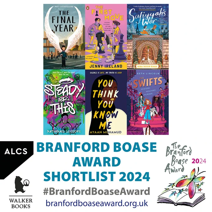 Graphic for the six books on the Branford Boase Award shortlist with supporter logos Walker Books and ALCS