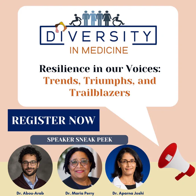 Flyer advertising the 2024 diversity in medicine conference with 3 of the speakers highlighted.