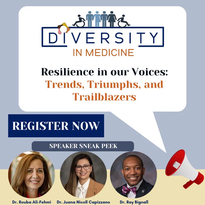Flyer advertising the 2024 diversity in medicine conference with 3 of the speakers highlighted.