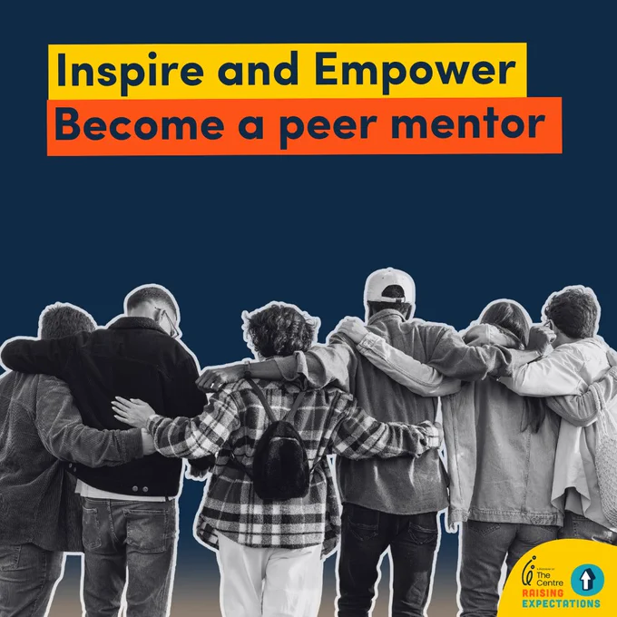 Black and white image of people with arms around each other's shoulders on a dark blue background with text: "Inspire and Empower, Become a peer mentor". Find out more here https://www.raisingexpectations.com.au/peer-mentoring-programs