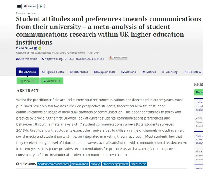 A screenshot of the article referenced in the Tweet: Student attitudes and preferences towards communications from their university – a meta-analysis of student communications research within UK higher education institutions