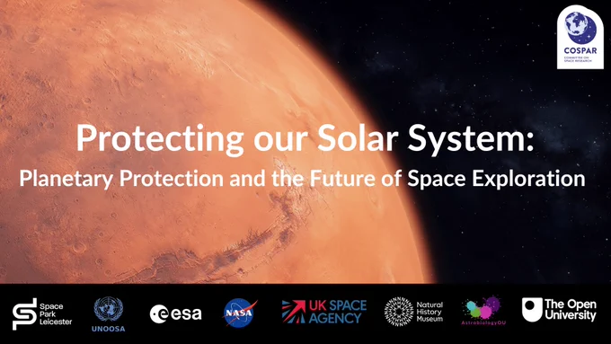 close up of  Mars in the sky with Protecting our solar system: Planetary Protection and the future of space exploration written across it. below is the logos of all the companies involved in the event.