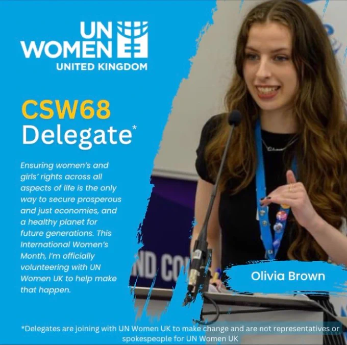 Olivia to the right-hand side speaking at an event with a lanyard around her neck using her hands to express herself. Photo and graphic. 