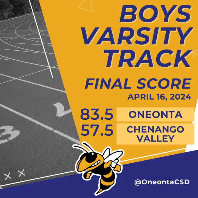 Yellow scorecard graphic showing the results from the Boyss Varsity track meet on April 16, 2024, Oneonta vs. Chenango Valley, final score 83.5-57.5.
