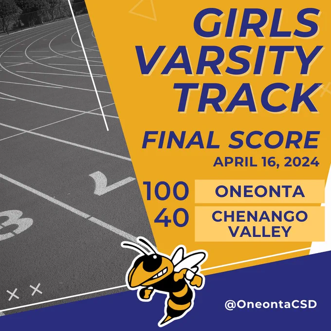 Yellow scorecard graphic showing the results from the Girls Varsity track meet on April 16, 2024, Oneonta vs. Chenango Valley, final score 100-40.