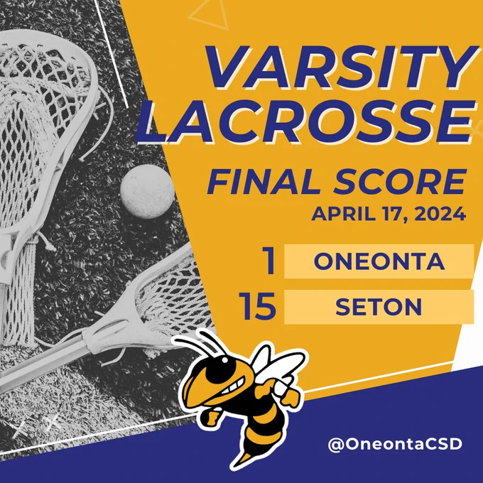 Yellow scorecard graphic showing Varsity Lacrosse game on April 17, 2024, resulted in a 1-15 final score with Seton Catholic.