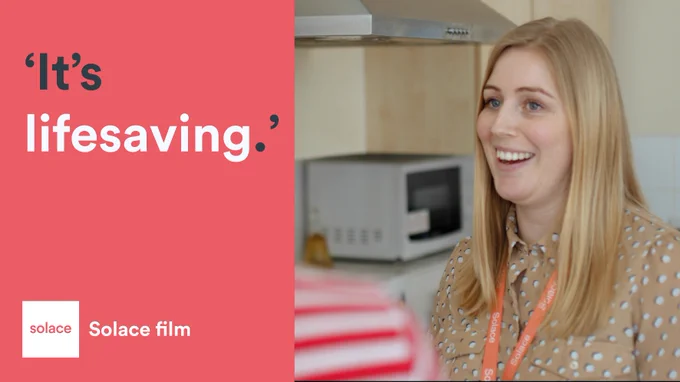 Image description: Woman smiling. Text reads: 'It's lifesaving.' with the Solace logo. 