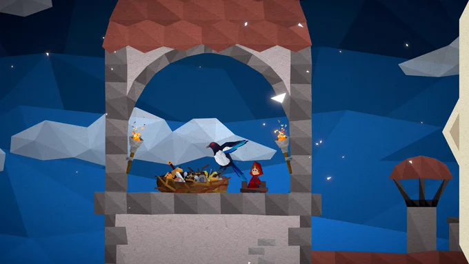 A screenshot from the video game Passing By, in which Curly meets the big magpie living atop the monastery's tower.