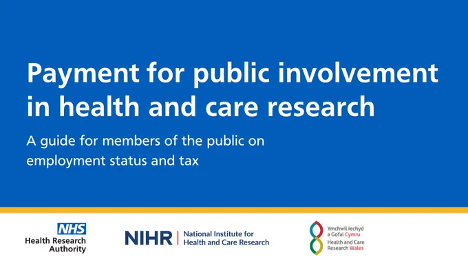 A blue graphic with white text that says 'Payment for public involvement in health and care research. A guide for members of the public on employment status and tax'.

Below this is a box with the HRA's logo alongside the logos for the National Institute for Health and Care Research and Health and Care Research Wales. 