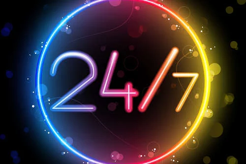 Neon numbers "24/7" on a black background