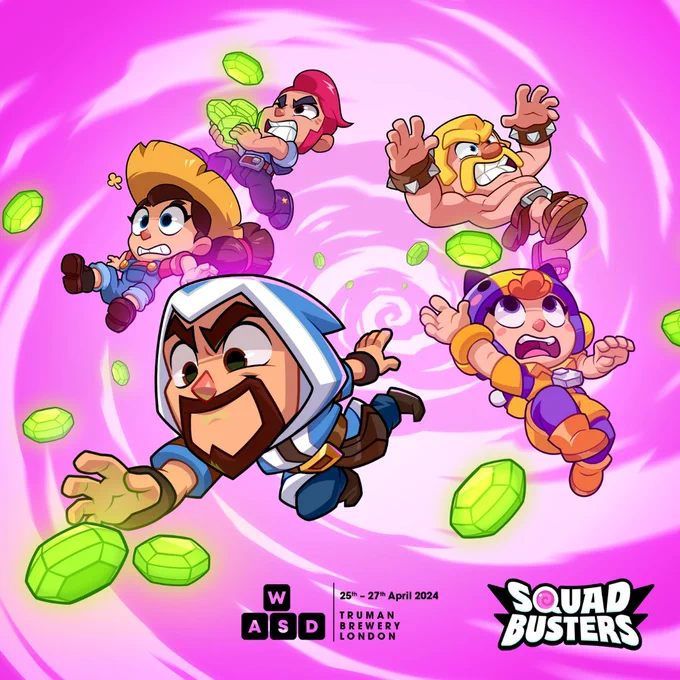 Image shows the Squad Busters logo and colourful character art from the game. Also shows the WASD logo.