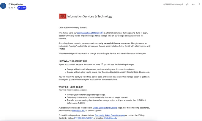 Screenshot of email informing students who exceed 15GB of storage that their account will not be able to add anymore files after June 1st, 2024.
