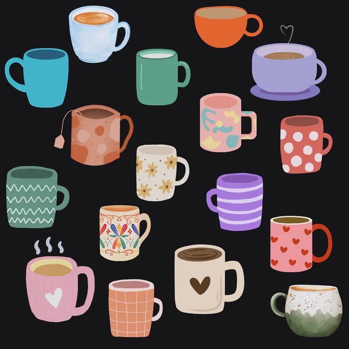 On a black background are 17 different mugs of various different colours and designs