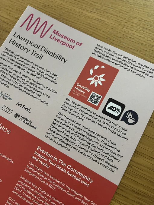 Disability History Trail leaflet. There’s lots of texts describing the trail and a logo and QR code.