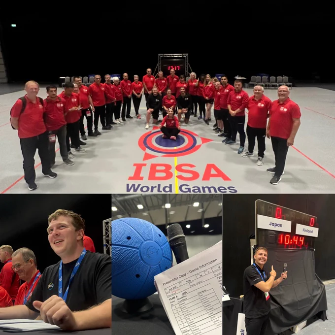 Top picture, a group photo of referees and officials for IBSA. Bottom 3 pictures: Left, a lowdown shot of Bradley Hope. Middle, a blue goalball with a microphone and a team sheet balancing against it. Right, Elliott Stockdale smiling with a score board behind him.