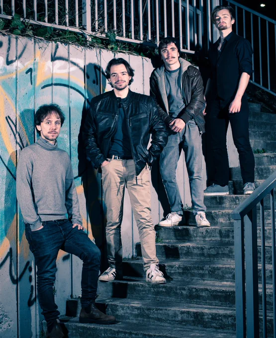Moonlit alternative rock band on a graffiti-laden staircase, embodying the rebellious spirit of rock. Each member’s silhouette tells a story of unity and individuality, perfectly captured in this quintessential rock band photograph. #AltRockRevival #BandPhotographyMagic #UrbanRockEssence