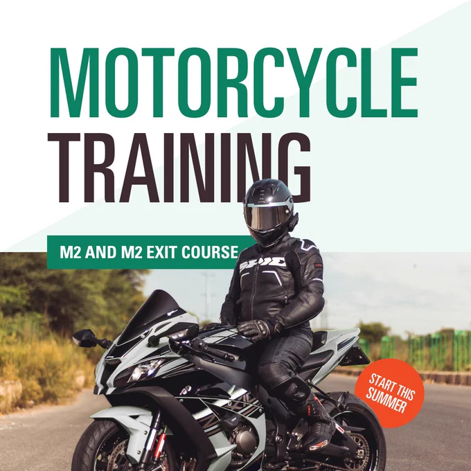 DC Professional and Part-Time Learning's summer motorcycle training courses advertised with a geared-up rider on a sleek sport bike. The overlay text announces 'Motorcycle Training, M2 and M2 Exit Course,' urging to 'Start this Summer' against a road backdrop.