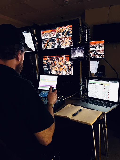 A remote camera operator at work, surrounded by screens showing images of an orchestra in rehearsal.