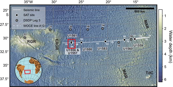 Bathymetric map of South Atlantic Ocean with location of sites drilled during Expeditions 390 and 393 (i.e., SAT). DSDP Leg 3 sites are also shown. 