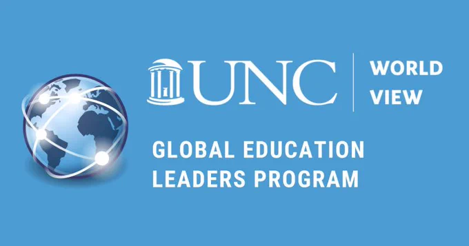 Image of blue globe on the left with the white UNC World View logo on the right above the white text "Global Education Leaders Program" on a Carolina blue background