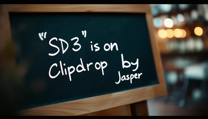 An image generated by Stable Diffusion 3 with a blackboard and « SD3 is on ClipDrop by Jasper  » written on it