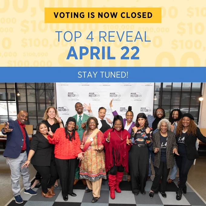 A graphic with the text "Voting is now closed Top 4 Reveal April 22 Stay Tuned!" Below this text is a photo of a group of people doing funny poses