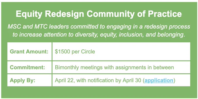 Equity Redesign Community of Practice: MSC and MTC leaders committed to engaging in a redesign process to increase attention to diversity, equity, inclusion, and belonging. Grant amount: $1500 per Circle. Commitment: Bimonthly meetings with assignments in between. Apply by: April 22, with notification by April 30. Application: https://form.jotform.com/240660906639967