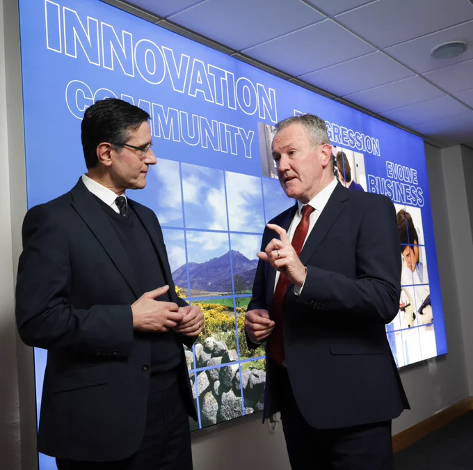 Photograph of Economy Minister Conor Murphy with Innovate UK CEO Indro Mukerjee.
