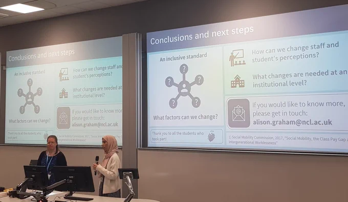 Alison and Arwa presenting in from of the Conclusion slide