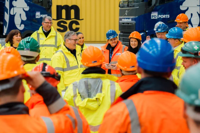 Keir Starmer talking with workers in PD Ports.