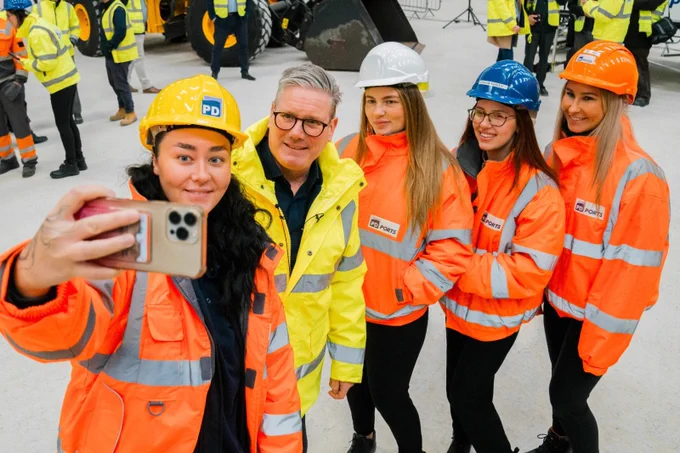 Keir Starmer having a selfie with workers in PD Ports.