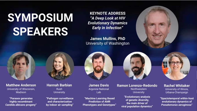 Headshots of Pathogen Genomics Symposium speakers, including Keynote Speaker James Mullins, PhD
