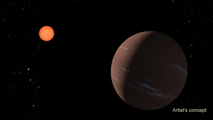 An artist’s concept shows one way that planet TOI-715 b, a super-Earth in the habitable zone around its star, might appear to a nearby observer. On the right lower foreground, this illustration shows a 'super-Earth' – a planet larger than Earth but smaller than Neptune – with a brownish atmosphere flecked with white, horizontal strips of cloud. The planet's left side is partially lit by its reddish parent star, a red dwarf, smaller and cooler than our Sun, seen in the upper left of the image. It is labeled Artist’s concept in the bottom right corner.