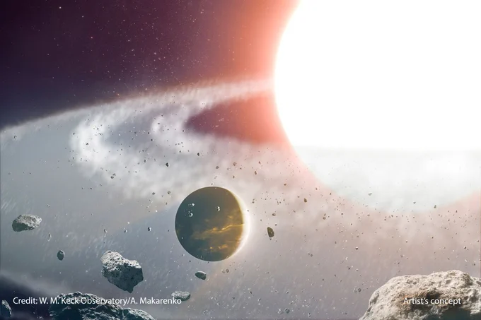 An artist's concept depicts a giant exoplanet in the path of a red giant  star's destruction.