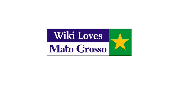 A imagem mostra um logo retangular com um fundo branco. O texto “Wiki Loves Mato Grosso” está em uma caixa azul, e ao lado, há uma estrela amarela em um fundo verde. O texto é branco e está centralizado na caixa azul.