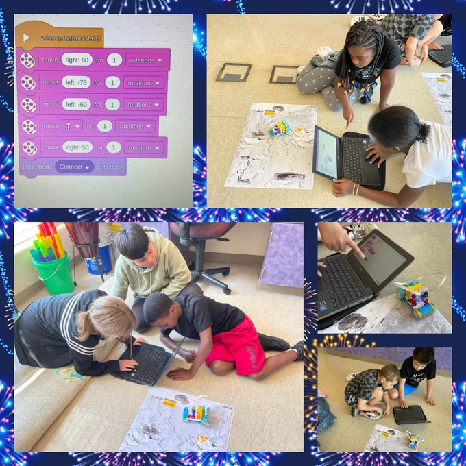 Students coding Lego taxi cars on a map of the moon. The working code is shown. Students are working hard in groups.