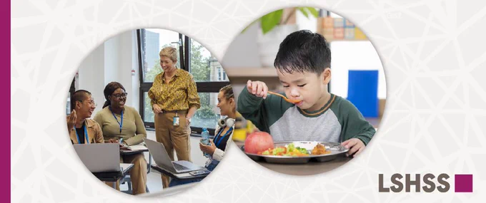 Two images, one of people in a meeting, laughing, the other of a young boy with a plate full of food and he is scooping a spoonful of food into his mouth.
