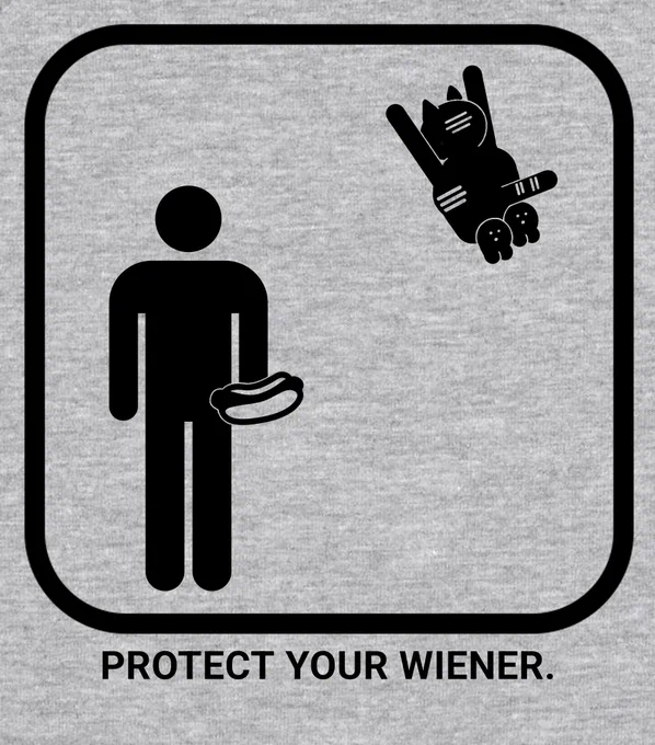 Heather grey fabric with a black design on it in the style of bathroom sign iconography.  A nondescript man is holding a hot dog as a cat leaps high in the air to pounce on him. Caption reads, "Protect your wiener."