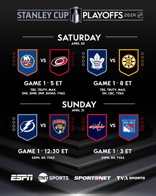 The 2024 Stanley Cup Playoffs logo overtop of a black background. 

Below that are the start times of each Eastern Conference series as follows: 

Saturday April 20:
NYIvsCAR: Game 1, 5p ET on TBS, TRUTV, MAX, SNE, SNW, SNP, SN360, TVAS
TORvsBOS: Game 1, 8p ET on TBS, TRUTV, MAX, SN, CBC, TVAS

Sunday April 21: 
TBLvsFLA: Game 1, 12:30p ET on ESPN, SN, TVAS
WSHvsNYR: Game 1, 3p ET on ESPN, SN, TVAS

Below this are the logos for ESPN, TNT Sports, Sportsnet, TVA Sports.