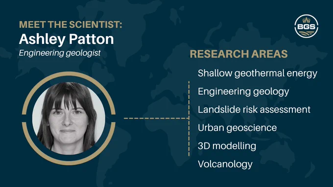 A meet the scientist card for Ashley Patton, engineering geologist. The card states her research areas as shallow geothermal energy / engineering geology / landslide risk assessment / urban geoscience / 3D modelling / volcanology.