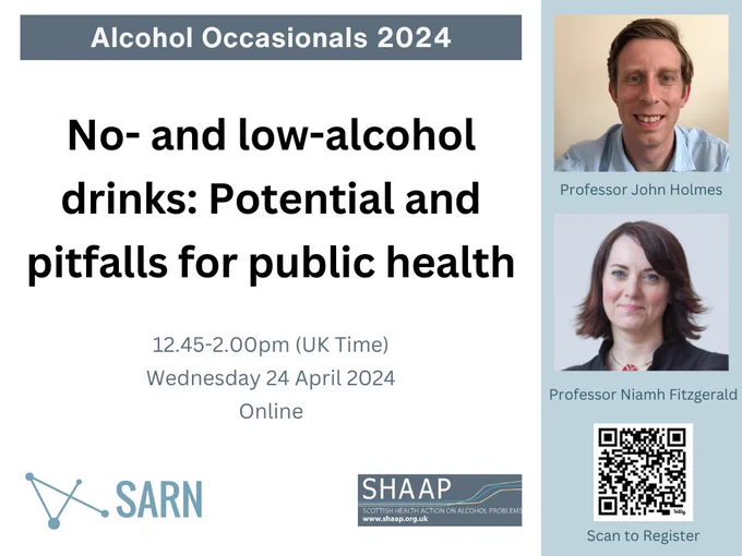 Image shows a title promoting the webinar mentioned in the text. It has the title: "Alcohol occasions 2024. No and low alcohol drinks: potetnial and pitfalls for public health". There is an image of Prof. John Holmes and Prof. Niamh Fitzgerald, logos for SARN (Scottish Alcohol Research Network) and SHAAP (Scottish Health Action on Alcohol Problems), and a QR code to register for the event.