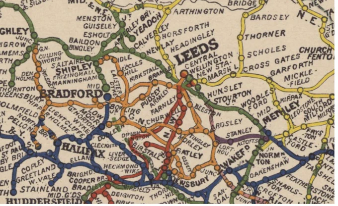 detail showing railway lines around Leeds in 1912 from Emslie's railway map of England and Wales