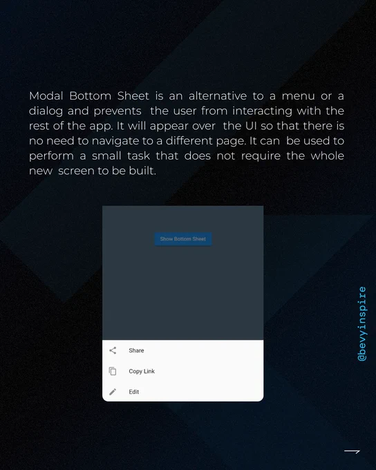 Dive into Flutter's Dynamic World @Bevyinsight 

🔹 What's a Bottom Sheet?
A bottom sheet is a sliding panel that comes up from the bottom of the screen providing more content or functionality. It's an essential component in modern mobile app design, particularly used in Flutter to enhance user experience with seamless interactions.

🔹 Why Use a Bottom Sheet?

User Engagement: Perfect for quick interactions without leaving the current context.
Space Efficiency: Utilizes screen real estate wisely, keeping the main content less cluttered.
Versatility: Great for menus, forms, detail views, or even guides.
🔹 Types of Bottom Sheets in Flutter:

Persistent: Remains visible when not interacting with the main screen area.
Modal: Covers the entire screen, focusing user attention on its own content.
How to Implement?
Flutter makes it easy with the showModalBottomSheet() function for modal sheets, or integrating the BottomSheet widget for persistence.
Follow for more at https://bevyinsight.com/