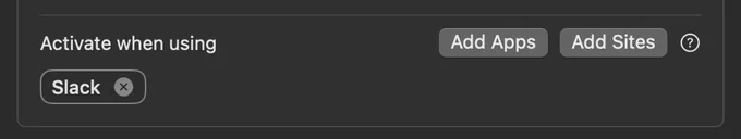 A screenshot of superwhisper settings showing a mode that should activate when using Slack.
