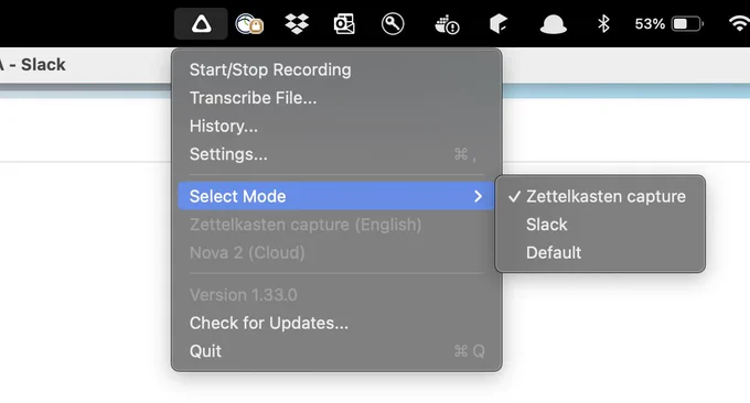 A screenshot of the superwhisper mode menu that shows a different mode is active even when Slack is in focus. Starting a recording doesn't change to Slack mode, either.