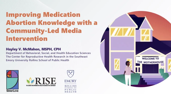 The title slide for a presentation called “Improving Medication Abortion Knowledge with a Community-Led Media Intervention.”